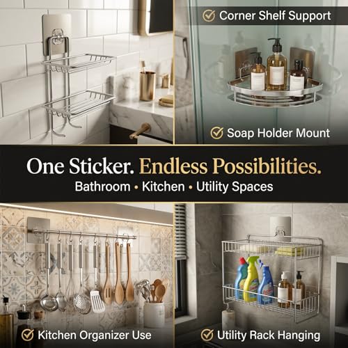 Image of Self Adhesive Magic Sticker | Wall Mount Stickers for Corner Shelves | Heavy Duty, No Drill Stickers for Bathroom & Kitchen Rack | 5-7kg Load Capacity - Only Stickers (7x7 cm) (Pack of 2, Gray)