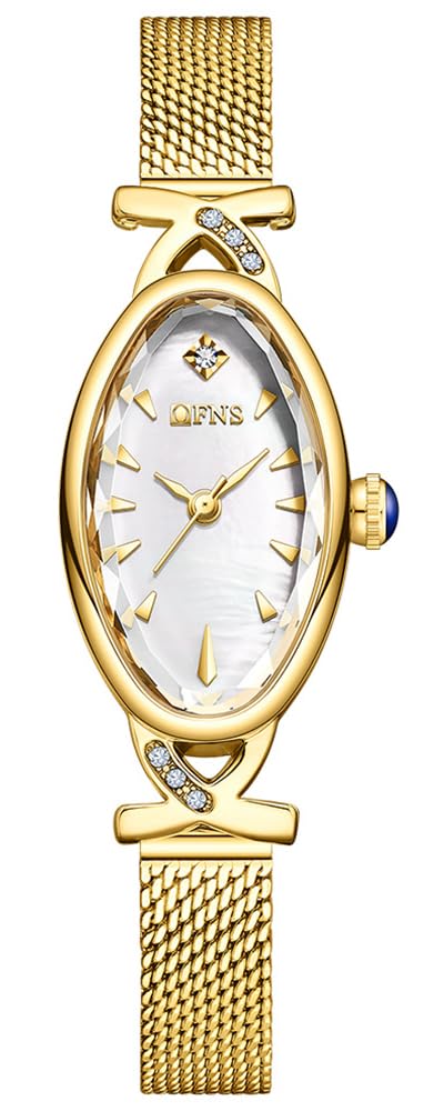 FANMIS Goldene Damen-Armbanduhr, Vintage, oval, Damenarmband, wasserdicht, elegantes Diamanten-Design, Quarzuhren, Leder- oder Mesh-Band