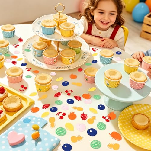 Image of 240Pcs Double-sided Fruit Confetti Strawberry Blueberry Peach Orange Lemon Cherry Pineapple Table Confetti Colorful Paper Fruits Table Decorations for Baby Shower Fruity Birthday Party Confetti