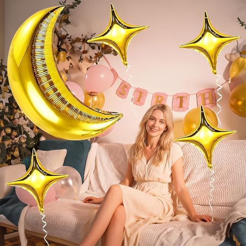 Image of 5 pcs 36 Inch Large Metallic Moon Shape Foil Balloon 18In Chrome Gold Foil Star Shaped for 70s Disco Dance Birthday Graduation New Year (Gold Moon Star 5pcs)