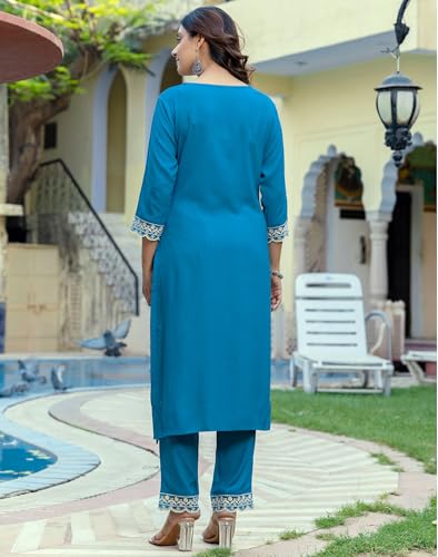 Image of SKYLEE Cotton Printed, Embroidery and Mirror Work A-Line Kurta Set with Dupatta