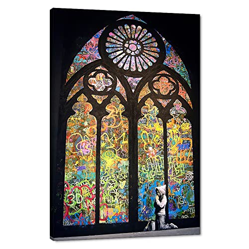 Stained Glass Church Graffiti Wall Art Praying Boy Kid In Cathedral Canvas Picture Art Print Poster And Print Art Wall Decor For Living Room Modern Home Decor Funny Framed Easy To Hang(12''W X 18''H) #TOP28