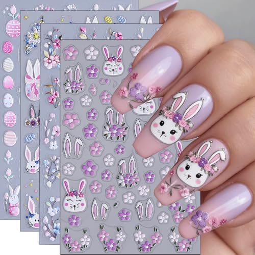 4Pcs Easter Nail Stickers Flower Nail Art Stickers 5D Embossed Na...