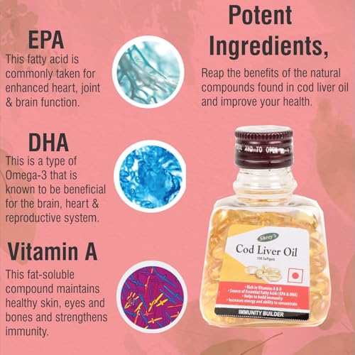 Image of Shrey's Cod Liver Oil | Vitamins A & D | Boost Immunity | Increase Energy Level | Supports Healthy Heart | Maintain Healthy Brain and Vision Health - 100 Capsules (Immunity Booster) (Pack of 1)