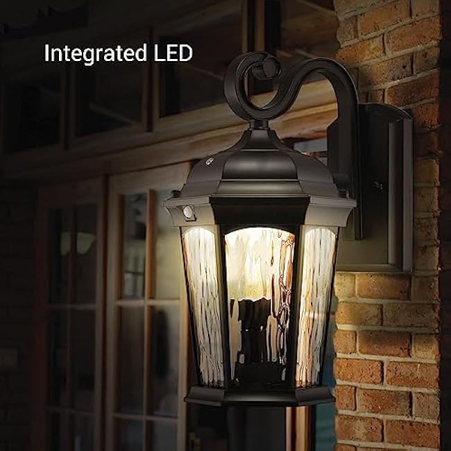 Euri Lighting EFL-130W-MD Flickering Flame Porch Light, Water Glass, with Integrated Security Light (3000K), Motion-Sensor, Dusk-to-Dawn, Oil Rubbed Bronze Housing