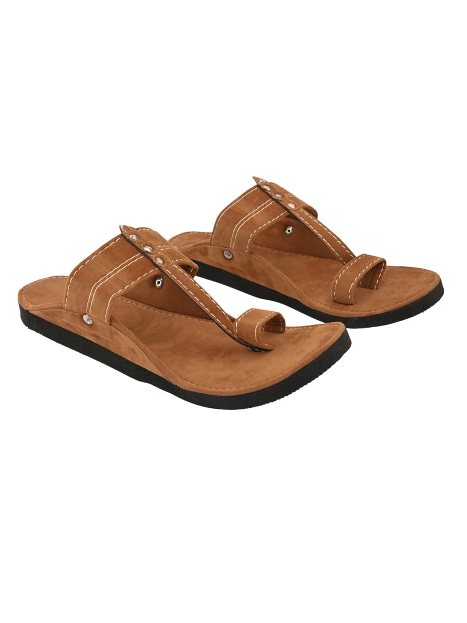 Anjaneya Creations Men's Tan Sandal Velvet Kholapuri Chappal Toe-Ring Style Studded Strap Detail Contrast Stitching Black Sole-image-1