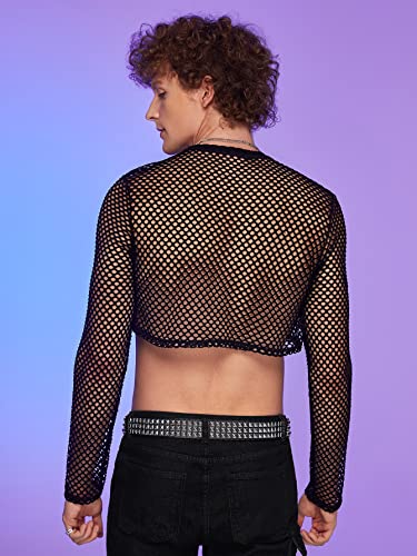 WDIRARA Men's See Through Fishnet Mesh Long Sleeve Sheer Crop Tops Party Club Top2