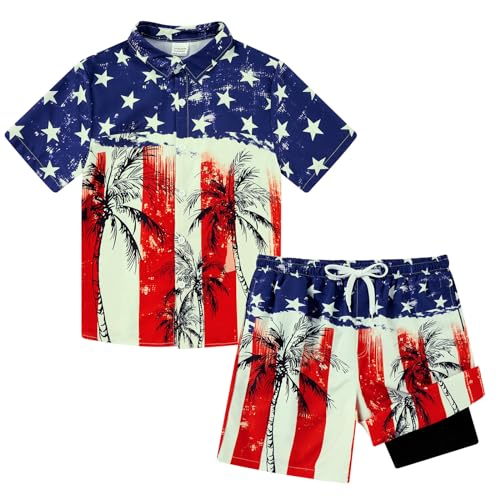 Image of UNICOMIDEA Boys 4th of July Outfits Kids Patriotic Independence Day Tropical Short Sets for 5-12 Years