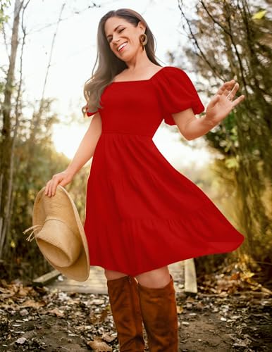 Image of ZESICA Women's Boho 2026 Summer Square Neck Puff Sleeve Off Shoulder Smocked Tiered Casual A Line Short Mini Dress