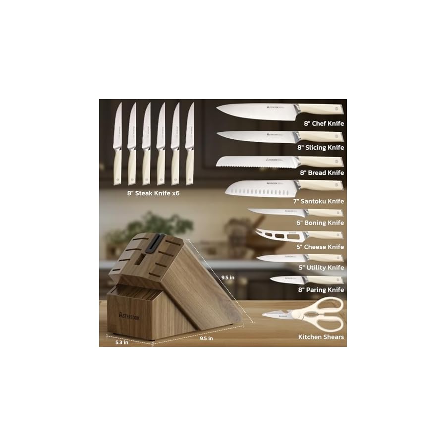 Astercook Knife Set Kitchen with Block and Sharpener Premium Full Tang 17 Pcs German Stainless Steel Knives Dishwasher Safe Kitchen Utensils Set with with and Anti-slip Ergonomic Handle, Cream White