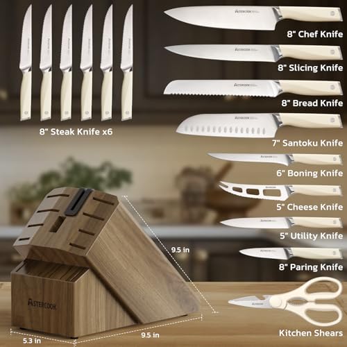 Image of Astercook Knife Set Kitchen with Block and Sharpener Premium Full Tang 17 Pcs German Stainless Steel Knives Dishwasher Safe Kitchen Utensils Set with with and Anti-slip Ergonomic Handle, Cream White