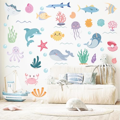 Ocean Animals Wall Decals - 5 Sheets 58 Pcs Under The Sea Theme Wall Decor Peel and Stick Ocean Wall Stickers for Home Kids Room Nursery Décor