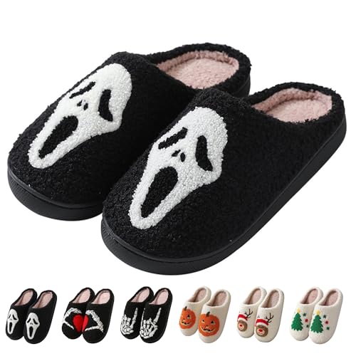 Zuiyisu Halloween Slippers for Women Men, Soft Plush Fuzzy Winter holiday slippers, Retro Cozy House Slippers, Comfy Bedroom Christmas Slippers Indoor Outdoor Shoes, Halloweenhead
