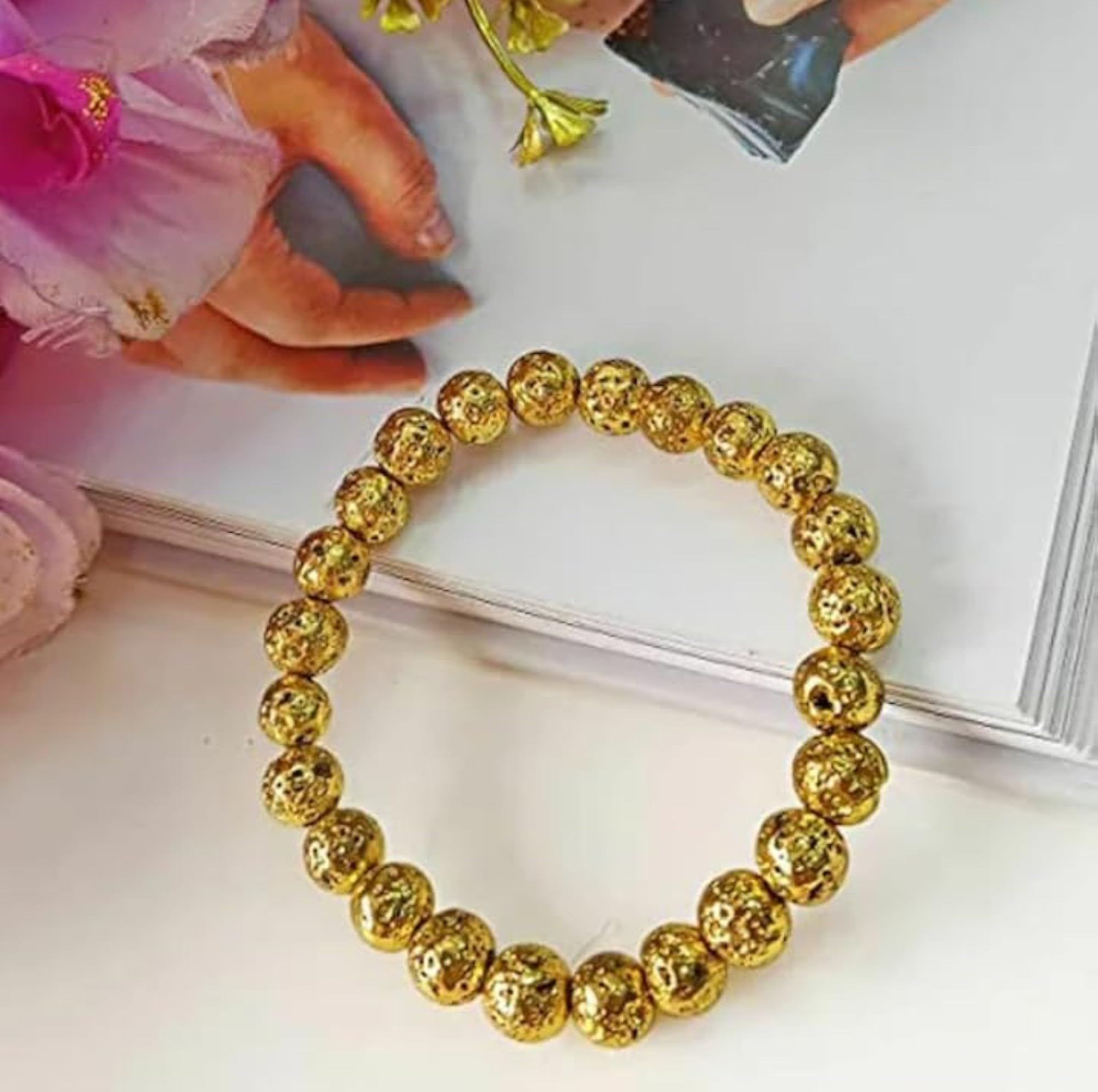 Golden Lava Bracelet with 8mm Round Beads, Unisex