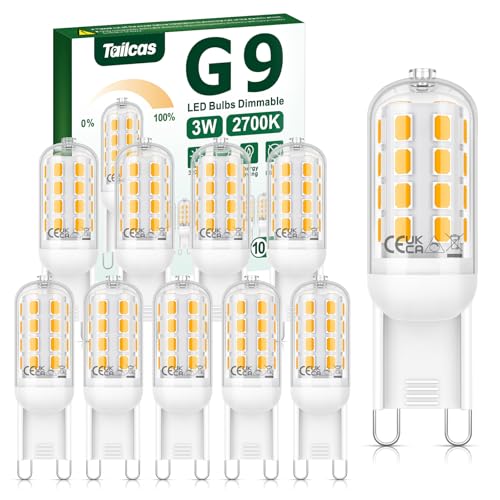 Tailcas G9 LED Dimmbar, Warmweiß 2700K G9 LED 10er Pack, 3W Ersetzt 30W Halogen Lampe, 320LM Kein Flackern Leuchtmittel, 360° Abstrahlwinkel Birne Enegiesparende, AC 220-240V