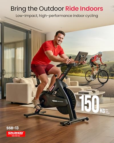 Image of Sparnod Fitness SSB-13 Spinning Bike for Home Use - Pro Magnetic Resistance System,15kg Flywheel, LCD Monitor with Pulse, 4-Way Adjustable Seat, Heavy Duty Steel Flywheel, Max weight 150kg