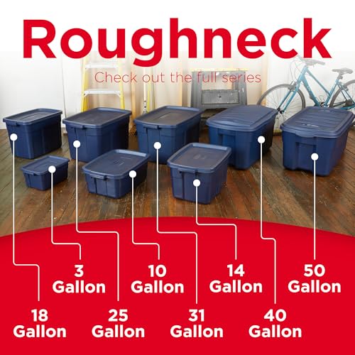 Image of Rubbermaid Roughneck Tote 18 Gal, 6 Pack, Made in USA, Dark Indigo Metallic, Rugged Plastic Stackable Storage Bins with Lids and Handles