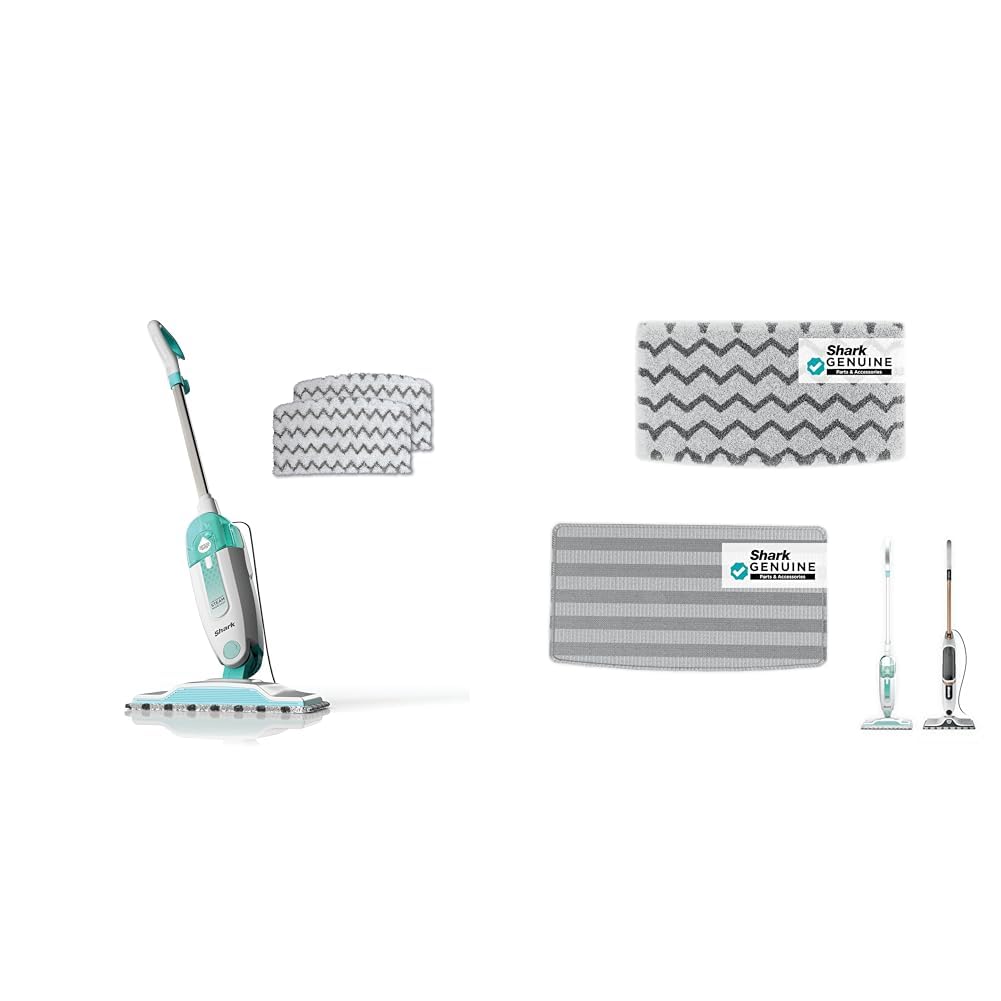 Shark Steam Mop with 3 Machine Washable Dirt Grip Pads &amp; 1 Scrub Pad, Removable Water Tank, Lightweight, Steam Cleaner for sealed Hard Floors, Marble, Stone, Hardwood, Tile, Laminate, White/Seafoam