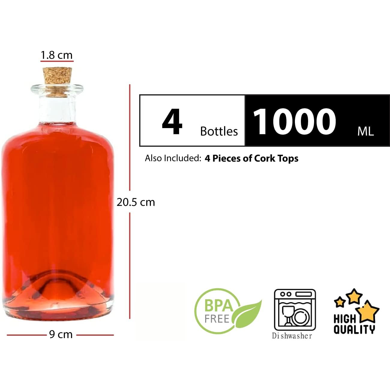 Lot de 4 Bouteilles en Verre vides, de 1000 ML/ 100 cl /1 l, pour Pharmacie, Liqueur, vinaigre et Huile