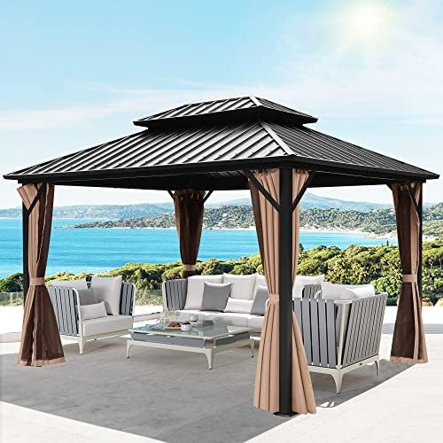 Raysfung 10 X 12ft Hardtop Gazebo, Galvanized Steel Double Roof Gazebo with Nettings and Curtains, Outdoor Aluminum FrameVertical Stripes Roof Permanent Pavilion for Patio, Backyard, Lawns
