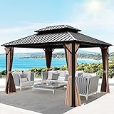 Raysfung 10 X 12ft Hardtop Gazebo, Galvanized Steel Double Roof Gazebo with Nettings and Curtains, O