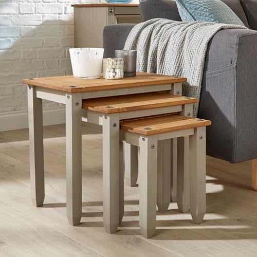 Home Source Solid Pine Wood Nest of Tables, Set of 3 for Living Room, Grey Finish