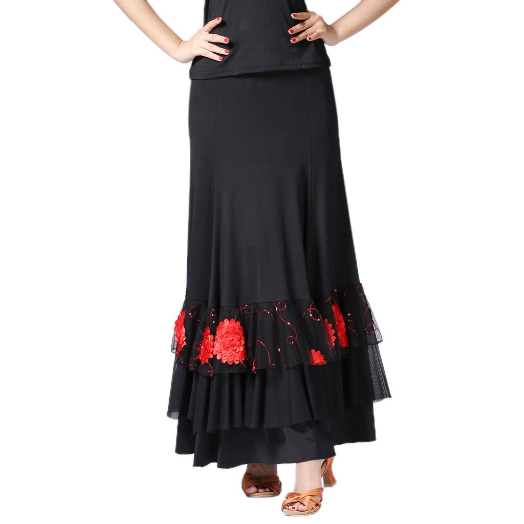 Hellery Elegant Ladies Ballroom Spanish Flamenco Dance Skirt - Long Waltz Dancing Dresses Costume - Black+Red, as described