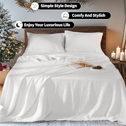 Image of 100% Pure Linen Sheet Set Breathable Natural Linen Sheets 4pcs Fitted Sheet Up to 16 inch Moisture-Wicking Bright White