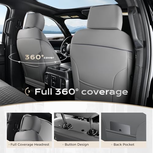 Image of Coverado Ford F150 Seat Covers Full Set, Car Seat Covers Waterproof Faux Leather Full Coverage Protector Pickup Truck Car Seat Cushion Cover Fit for 2015-2026 Ford F150, 2017-2026 F250 F350 F450,Gray
