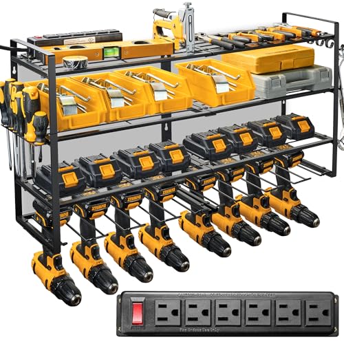 𝟐𝟎𝟐𝟓 𝐔𝐩𝐠𝐫𝐚𝐝𝐞𝐝 Power Tool Organizer Wall Mount With Charging Station , 4 Layer 6 Power Strip With 8 Drill Holder Power Tool Storage, Heavy Duty Metal Wall Mount Tool Organizer Rack
