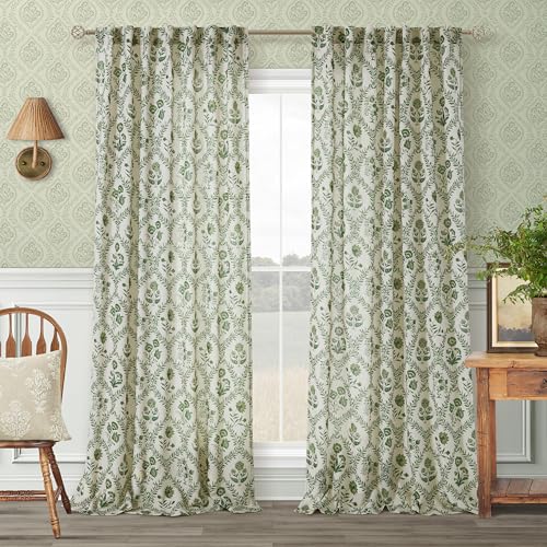 Image of Extra Long Green Floral Linen Curtains 120 Inches Long for Living Room | Olive Green, Leaf Flower, Plant Patterned, Printed Curtains, Farmhouse, Country, Shabby Chic, Boho, Floral, Drapes
