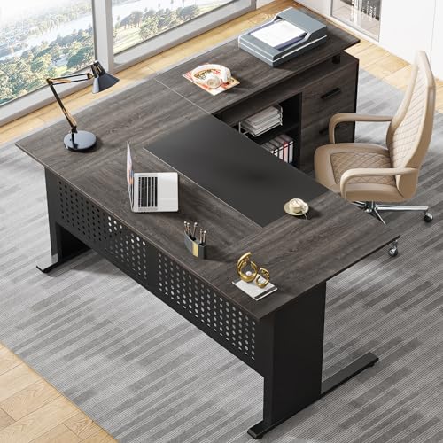 Image of Tribesigns 63 Inch Executive Desk with File Cabinet | Office Desk with File Drawer, L Shaped Desk with Storage Shelf, Large Desk, Business Furniture Set, Gray and Black