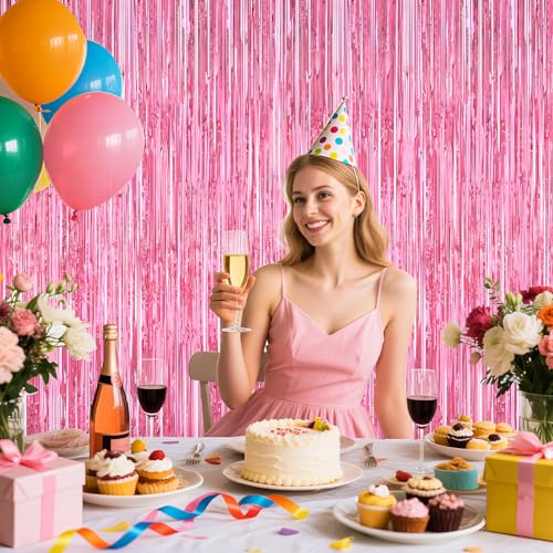 Image of Pink Party Decorations, 2Pack Glitter Pink Backdrop, Metallic Tinsel Backdrop Fringe Curtains Backdrop Curtains, Photo Backdrop Party Supplies Wedding Engagement Christmas Birthday Party Decorations