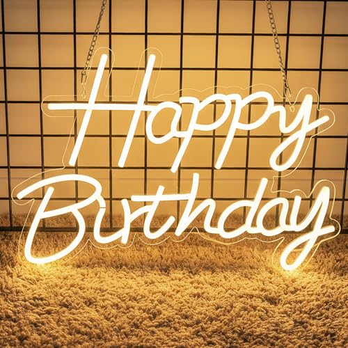 Happy Birthday Neon Sign for Backdrop LED Happy Birthday Light Up Sign USB Powered Dimmable Neon Light for Birthday Party Decorations Wall Decor Warm White 16.5 x 12 inch