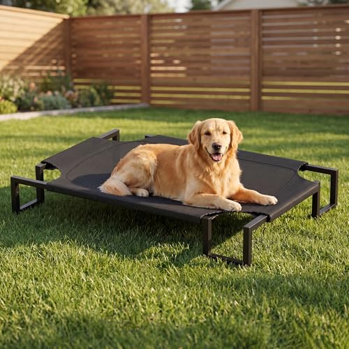 VECOCHO Hundeliege Outdoor Erhöhtes Hund Haustierbett Kühlendes Hundebett für Draußen Haustierliege Waschbar und Robuster mit guter Luftzirkulation für Draußen Camping Schwarz L 110×76×21cm