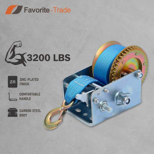 3200lbs ATV Boat Winch Strap with Hook Heavy Duty Hand Crank Winch