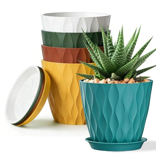 SQKH 8 Inch Plastic Plant Pots Set of 5 Flower Pots Planters with Drainage Holes & Saucers Indoor Outdoor Garden Pots for Home Decor(Colorful)