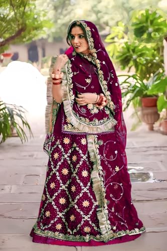 Image of Heavy Embroidery Work Semi Stitched Shimmer Silk Designer Rajputi Poshak For Women Rajasthani Lehenga Choli