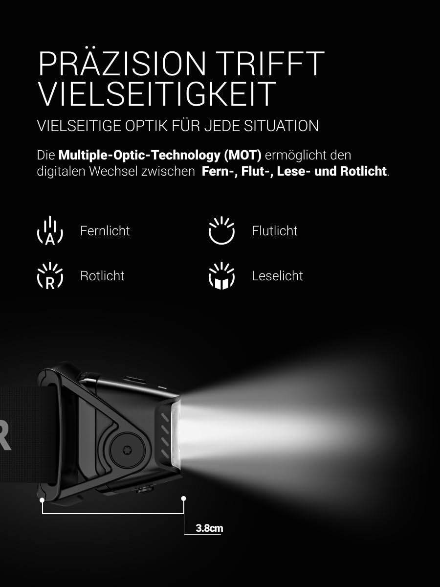 Zweibrüder ZB9H Stirnlampe mit 2000 Lumen – LED Kopflampe mit Auto Focus Technology. Rotlicht & Rücklicht. USB-C aufladbar. Integriertes USB-C Ladekabel. Ideal für Outdoor, Arbeit und Einsatz.