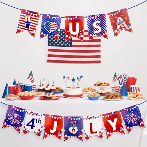 Image of 4th of July Banner - 4th of July Decorations for Independence Day, Red White and Blue Decorations for Fourth of July Party Patriotic Decor Indoor Outdoor