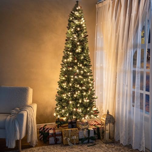 Naomi Home Belen 7.5ft Pencil Christmas Tree Prelit pre-Decorated with Pine Cones, Red Berries...