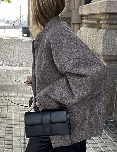 Kissonic Womens Wool Blend Jacket Oversized Bomber Jacket Casual Stand Collar Button Down Varsity Shacket Coat Outerwear3