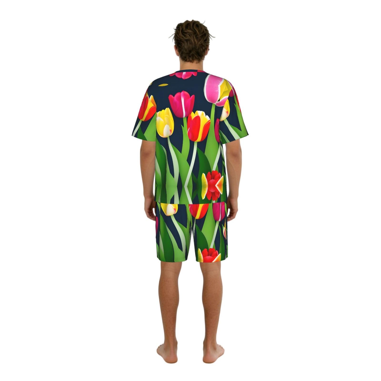 Set pigiama classico da uomo con stampa a tulipani colorati, pantaloncini morbidi da uomo, perfetti per le notti estive
