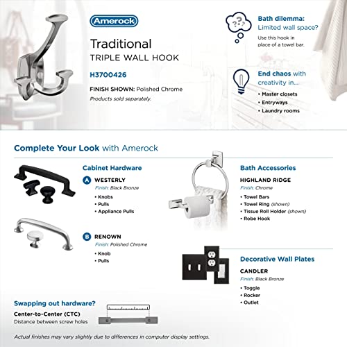 Image of Amerock Vicinity Triple Prong Polished Chrome Wall-Mounted Hook | Decorative wall hook in durable zinc construction for coats, hats, bags, towels, and everyday organization