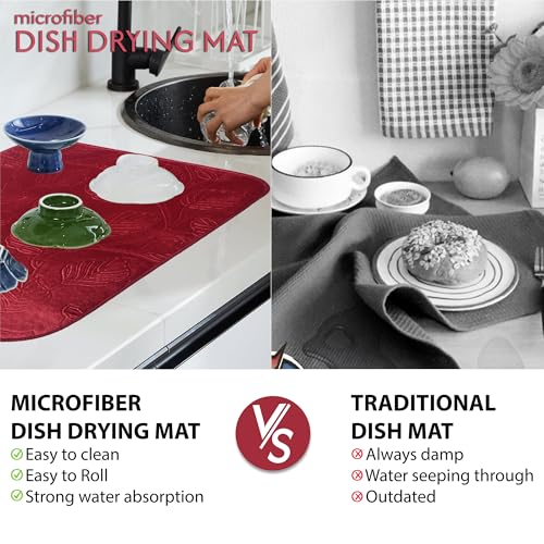 Image of Kuber Industries Pack of 4 Soft Microfiber Dish Drying Mat for Kitchen | 38x50 Machine Washable & Quick Drying Water Absorbing Mat for Kitchen Dishes, Utensils & Crockery | Aesthetic Design - Maroon