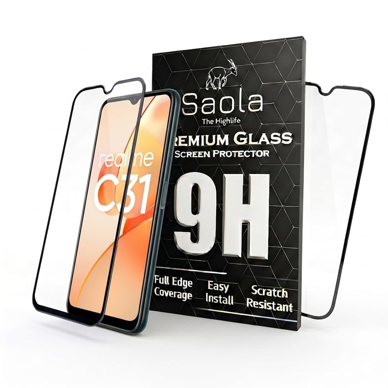 Image of Saola HD+ Oleophobic Tempered Glass Screen Protector For Realme C31 (Pack Of 2) with Free Installation Kit. Full screen Coverage - 6.5 inch