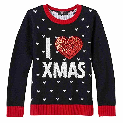 It's Our Time Girls Plus Size Applique Holiday Christmas Sweater, Black Combo (Medium)