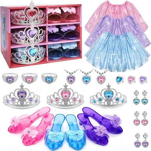 Vestido de Princesa para Meninas - Roupa para Crianças Pequenas com Saias, Coroa e Joias de Brincar, Brinquedos de Fantasia de Princesa para Meninas Idade 3, 4, 5, 6 Anos, Brinquedo Presente para