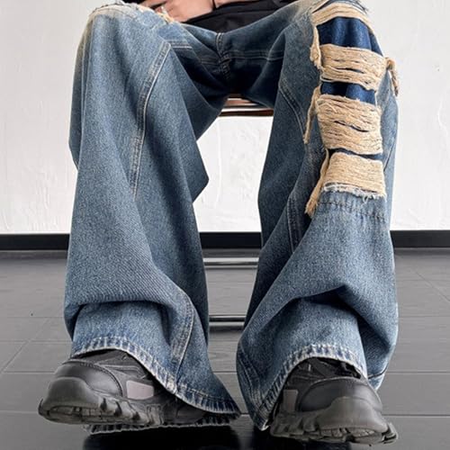 Vintage Ripped Jeans Men's Wide-Leg Straight Cargo Jeans Distressed Hip-Hop Trousers with Pockets4