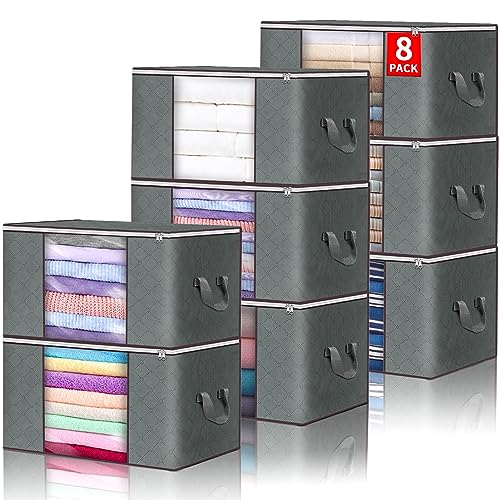 Image of Budding Joy Clothes Storage, Foldable Large Blanket Bags, Storages and Organization for Clothing, Blanket, Comforter, Clothes, Pillows, Toys, Closet Organizers with Enhanced Handle, 60L 8 Pack